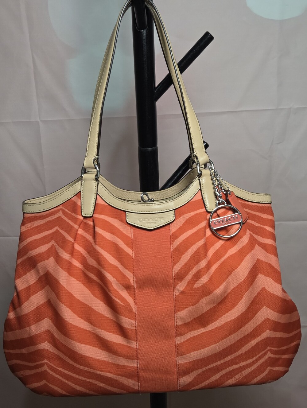 Coach Madison Orange Zebra-Print Canvas Tote Bag with Tan Leather Trim